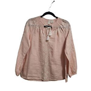 Joie linen embroidery with tassel tie with long‎ puff sleeves